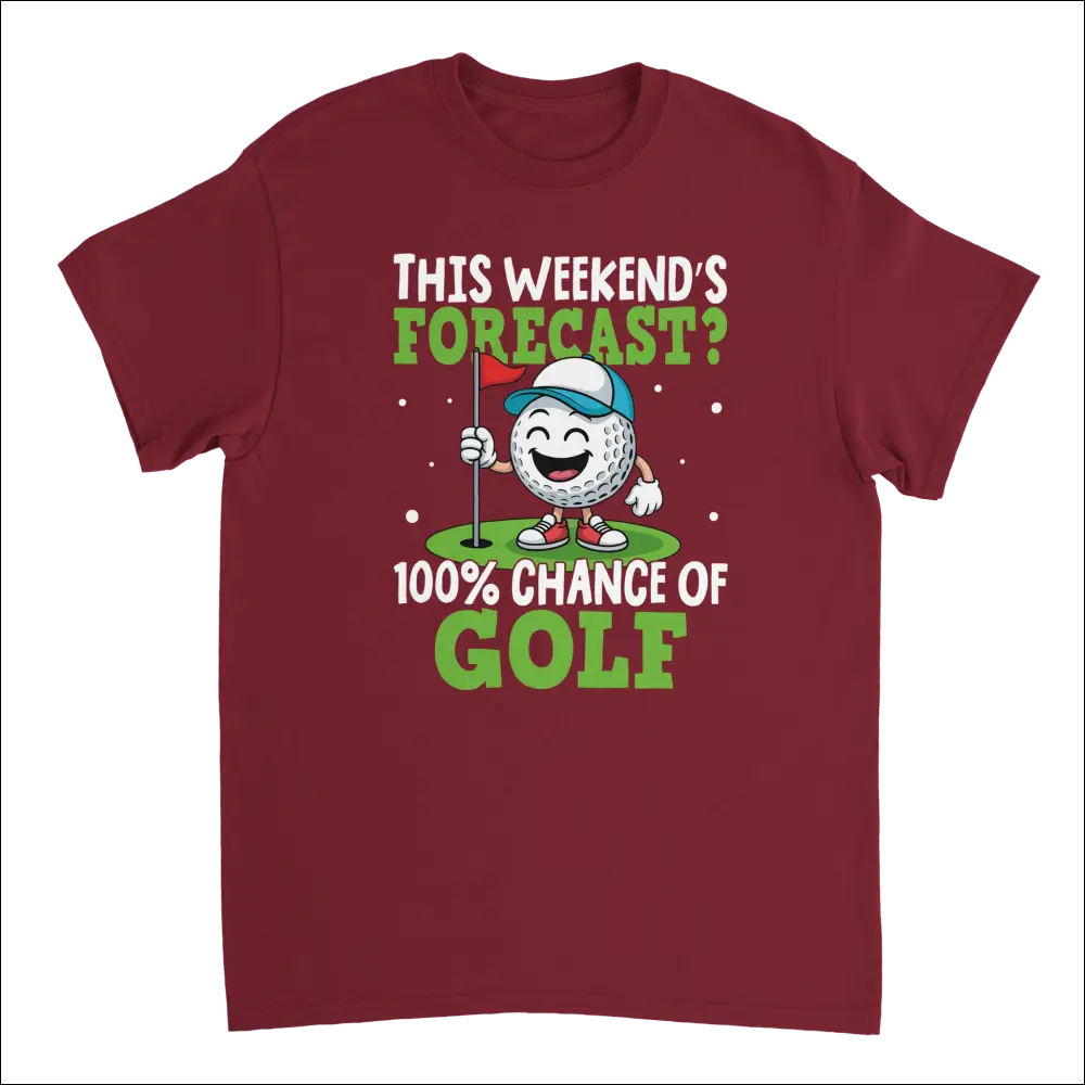 Maroon short-sleeve golf t-shirt with cartoon ball, flagstick and 100% chance of golf text