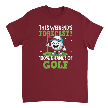 Maroon short-sleeve golf t-shirt with cartoon ball, flagstick and 100% chance of golf text