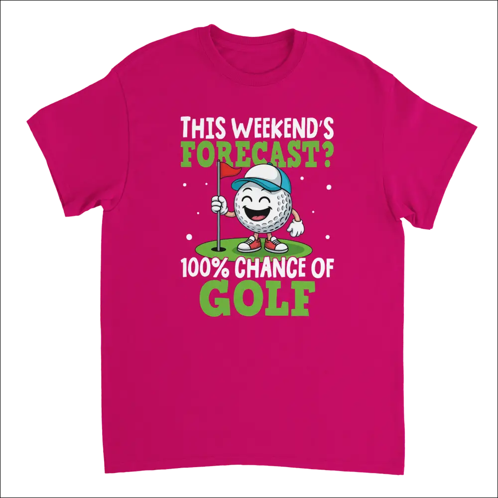 Vibrant pink golf t-shirt with cartoon ball and 100% chance of golf text