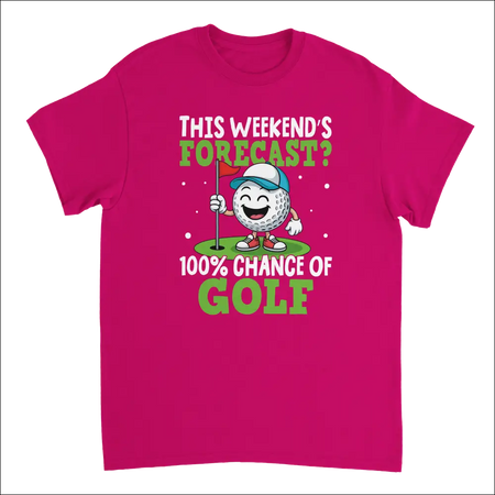 Vibrant pink golf t-shirt with cartoon ball and 100% chance of golf text