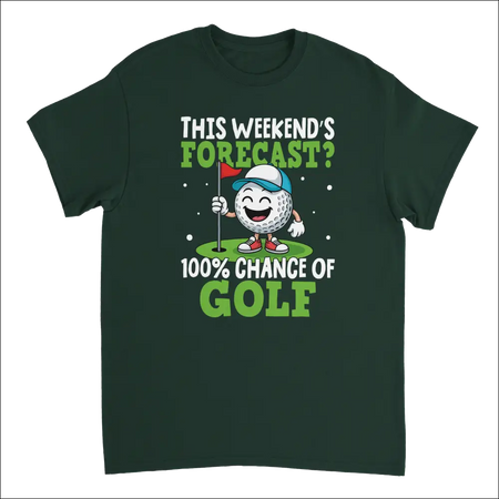 Dark green golf t-shirt with cartoon ball and 100% chance of golf text