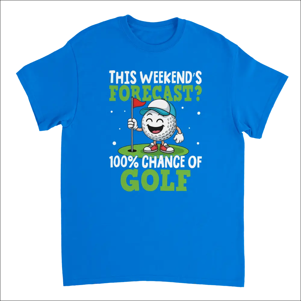 Bright blue golf t-shirt with cartoon ball and 100% chance of golf text