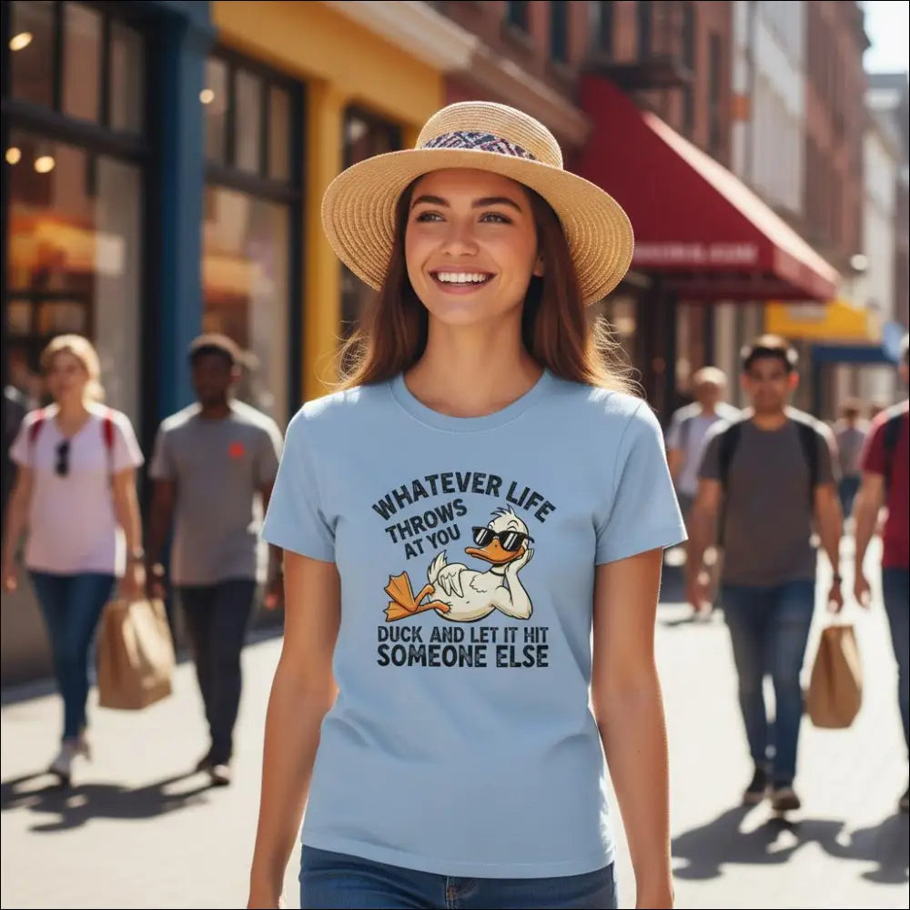 Light blue ladies t-shirt with cartoon duck in sunglasses and funny quote