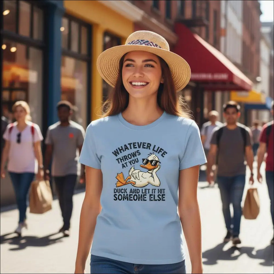 Light blue ladies t-shirt with cartoon duck in sunglasses and funny quote
