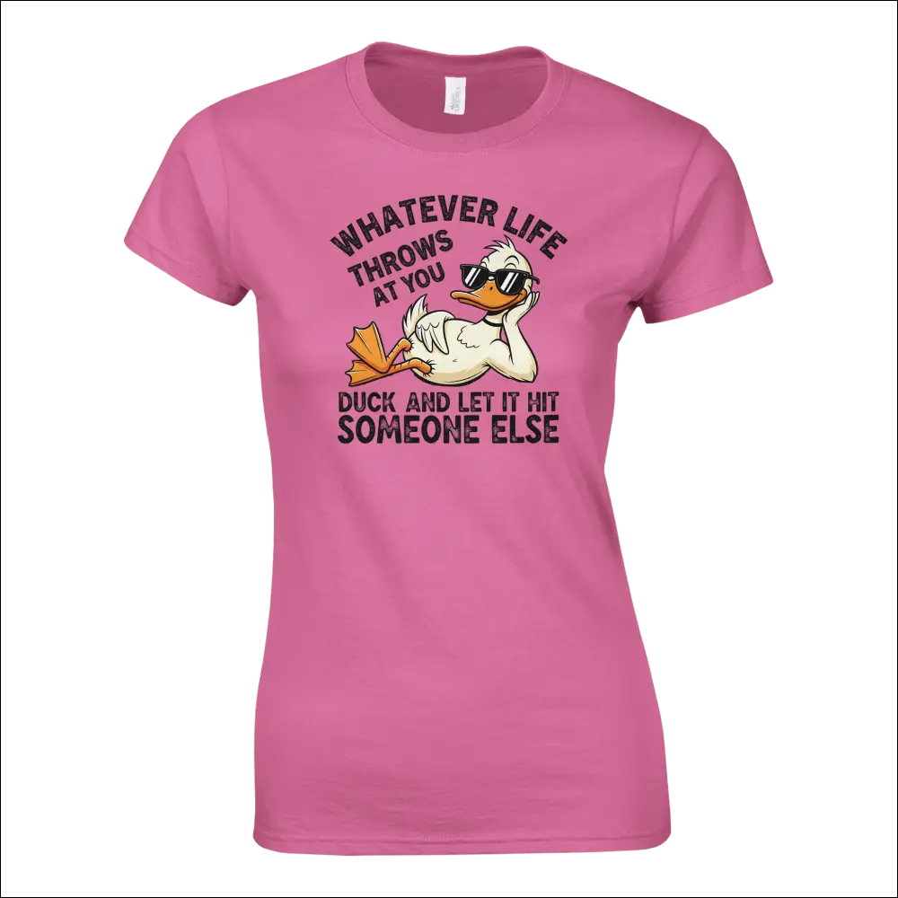 Pink womens t-shirt with cartoon duck in sunglasses and funny quote