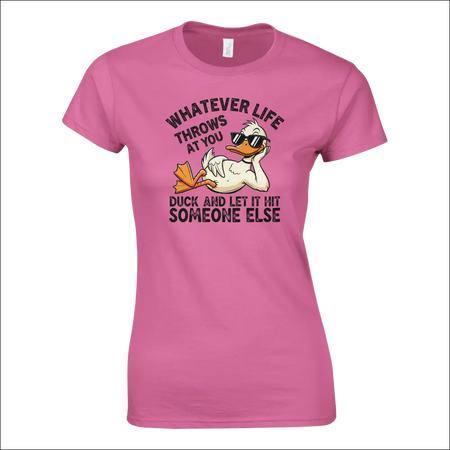 Pink womens t-shirt with cartoon duck in sunglasses and funny quote