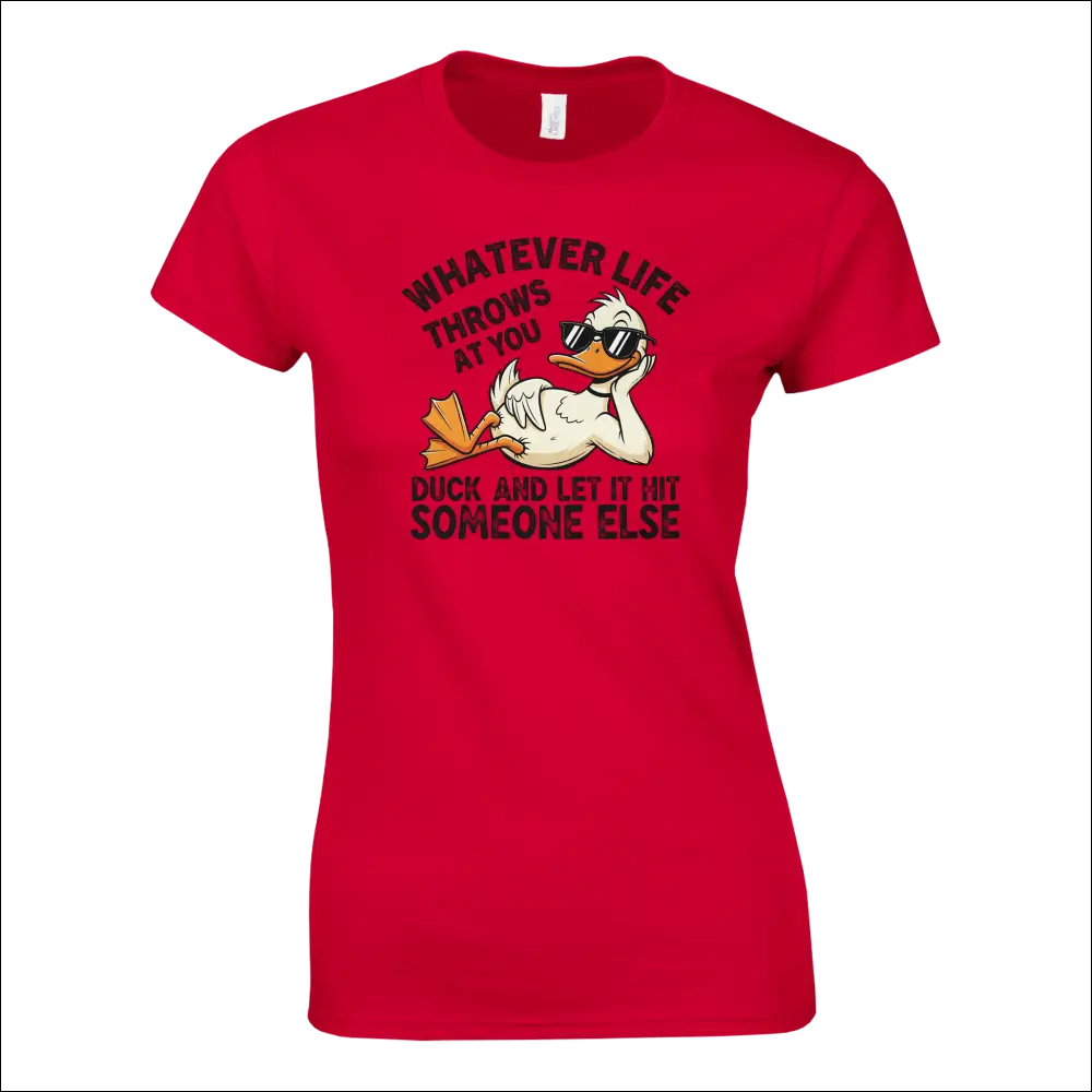 Red womens t-shirt with cartoon duck in sunglasses and funny duck phrase