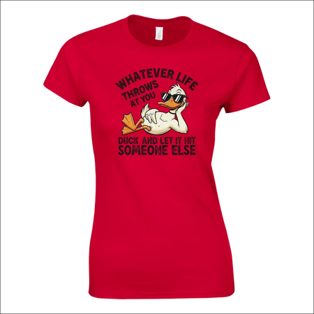 Red womens t-shirt with cartoon duck in sunglasses and funny duck phrase