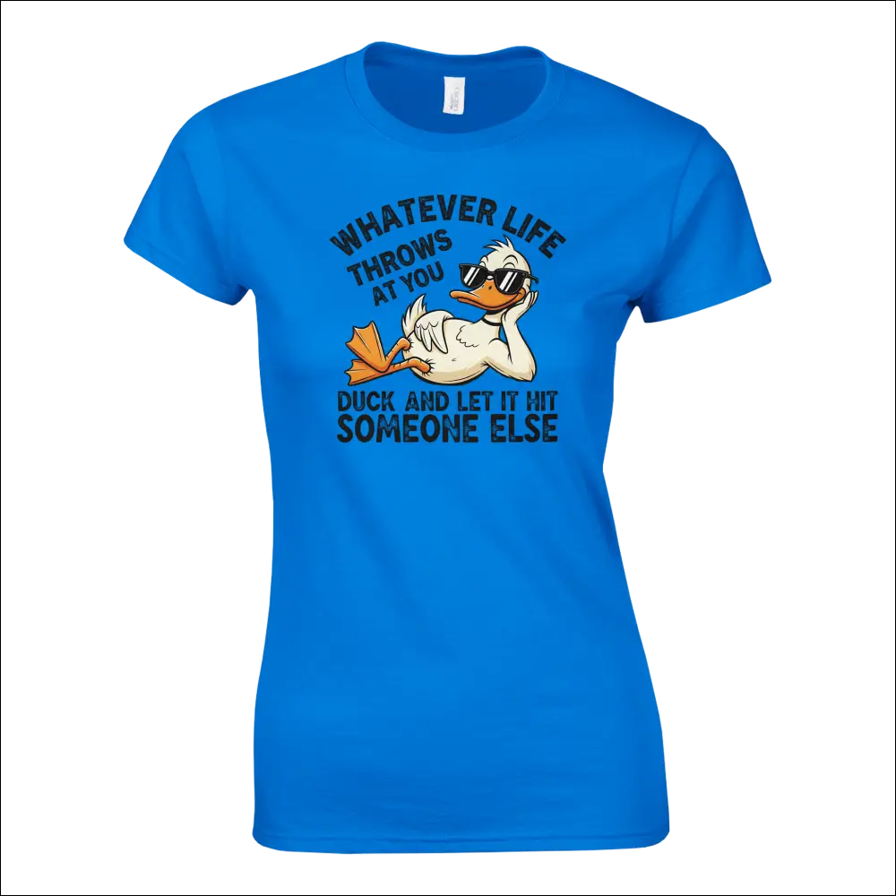 Bright blue womens t-shirt with cartoon duck in sunglasses and funny phrase