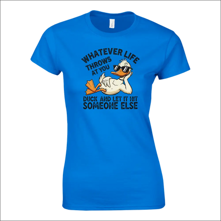 Bright blue womens t-shirt with cartoon duck in sunglasses and funny phrase