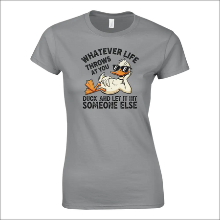 Gray womens t-shirt with cartoon duck in sunglasses and funny quote