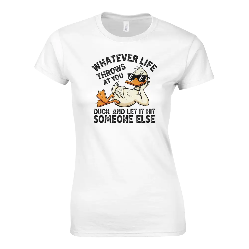 White cotton ladies t-shirt with cartoon duck in sunglasses and funny quote