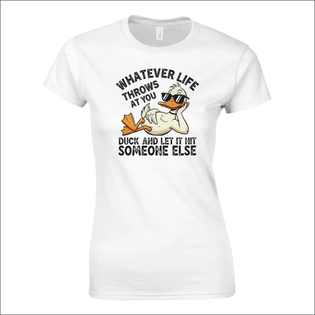 White cotton ladies t-shirt with cartoon duck in sunglasses and funny quote