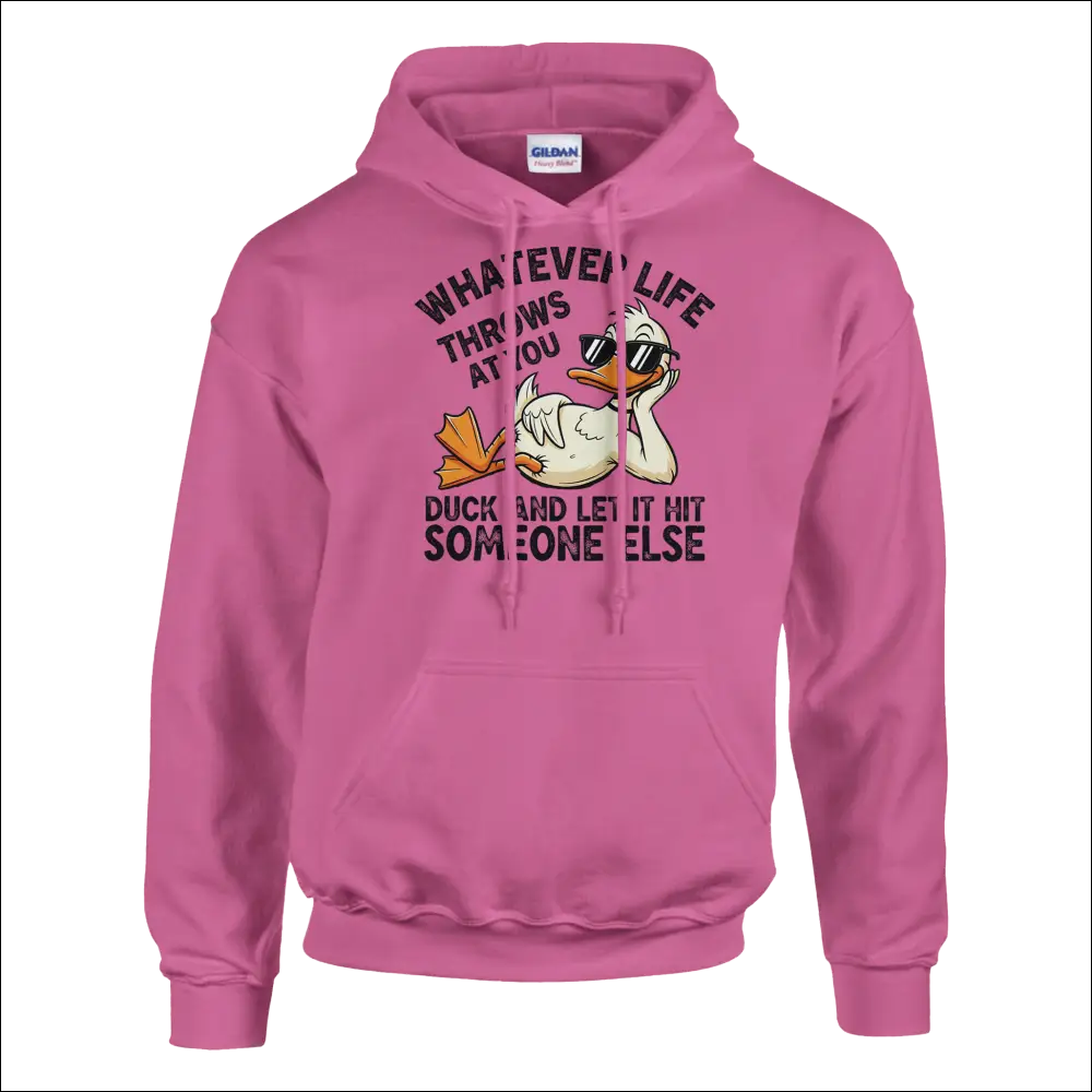 Pink Gildan hoodie with cartoon duck in sunglasses and quip