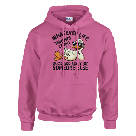 Pink Gildan hoodie with cartoon duck in sunglasses and quip