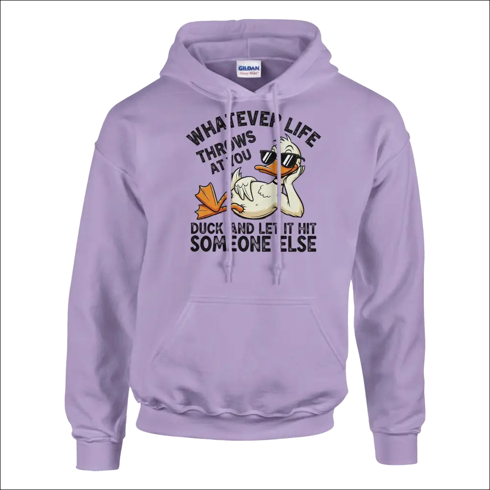 Lavender Gildan hoodie with cartoon duck in sunglasses and punny quote