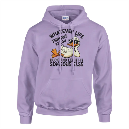 Lavender Gildan hoodie with cartoon duck in sunglasses and punny quote