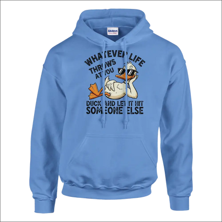 Light blue Gildan hoodie with cartoon duck in sunglasses and funny quote