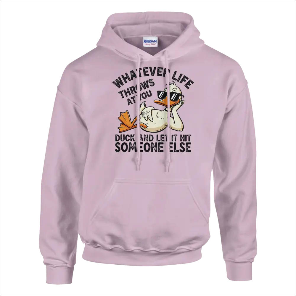 Lavender Gildan hoodie with cartoon duck in sunglasses and funny phrase