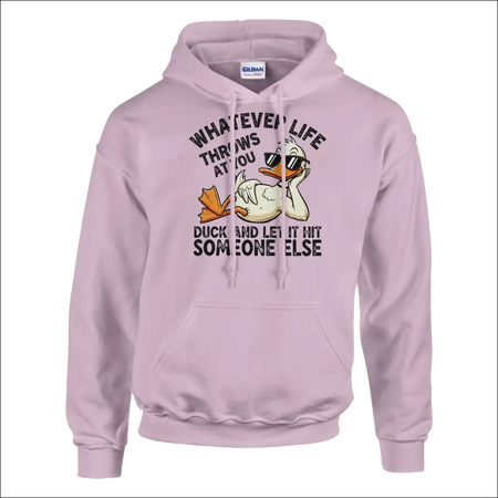Lavender Gildan hoodie with cartoon duck in sunglasses and funny phrase