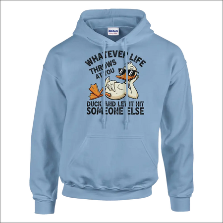 Light blue Gildan hoodie with cartoon duck in sunglasses and funny quote