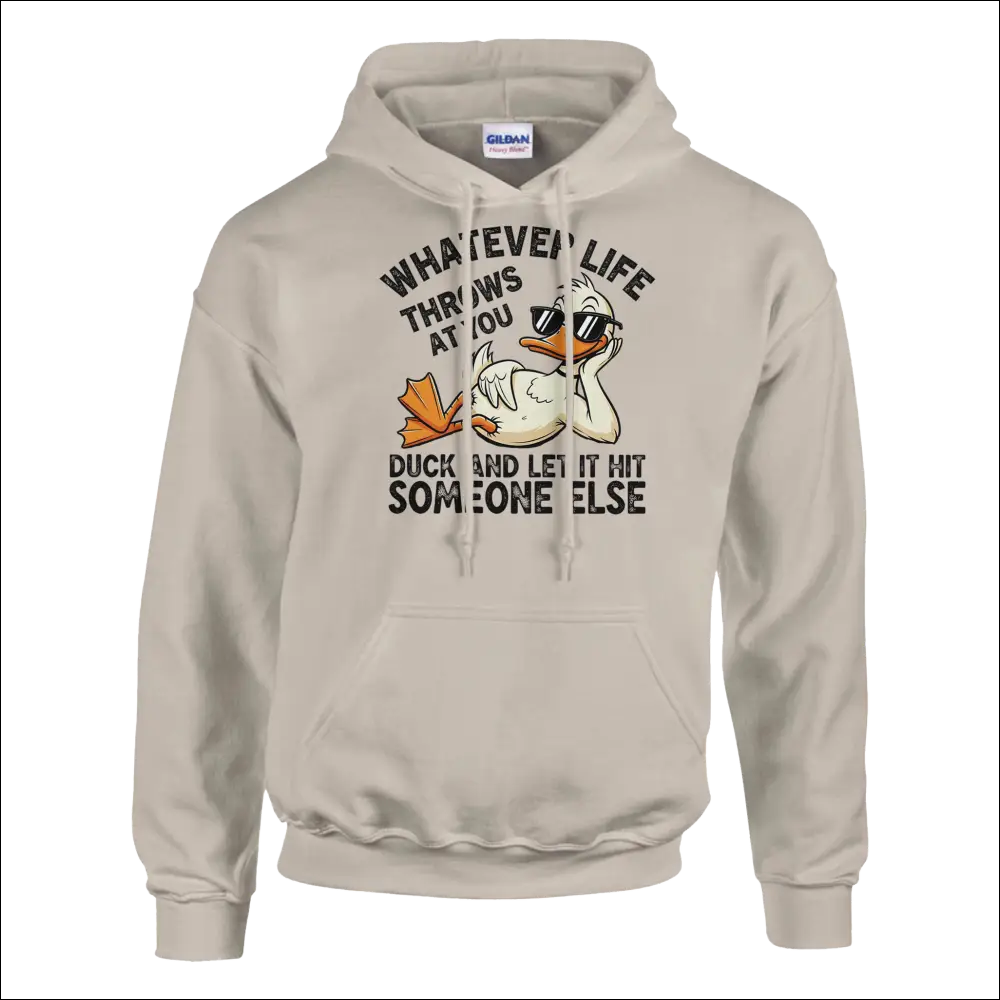 Beige Gildan unisex hoodie with cartoon duck in sunglasses and funny quote