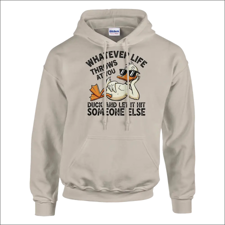 Beige Gildan unisex hoodie with cartoon duck in sunglasses and funny quote