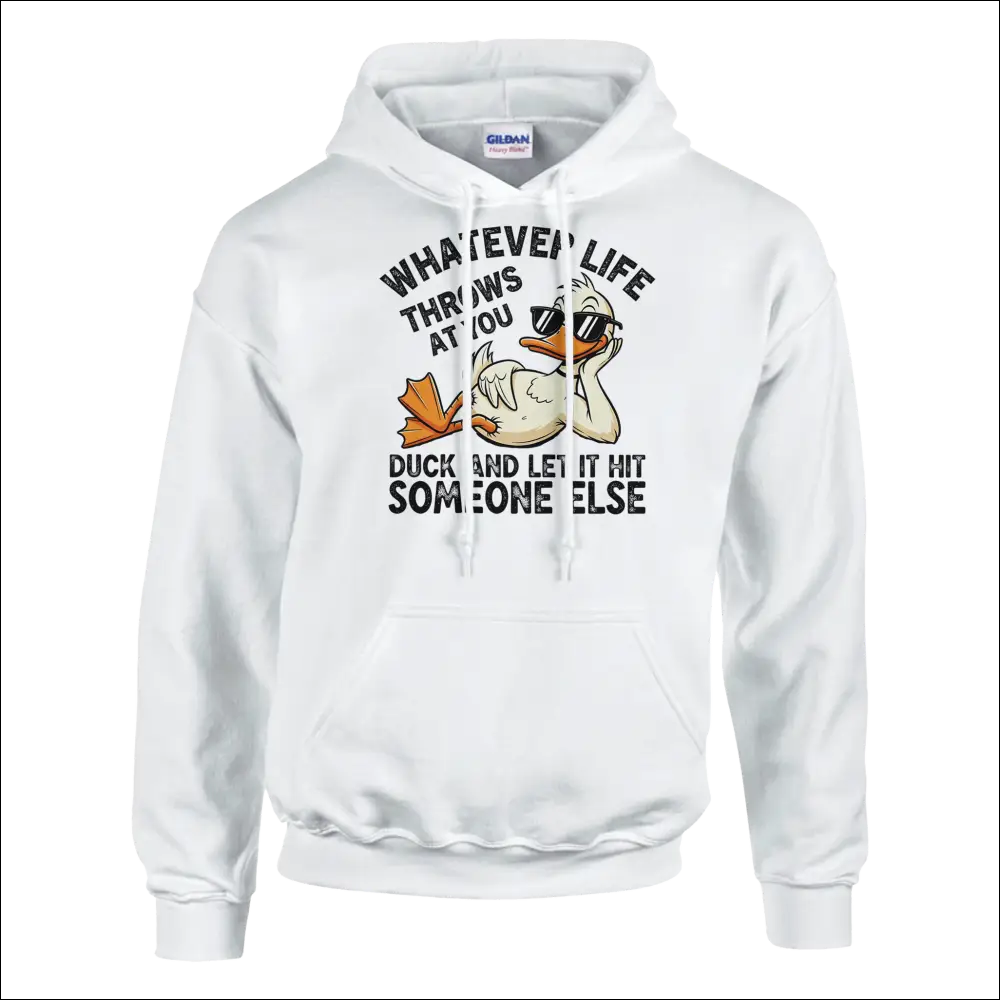 White Gildan hoodie with cartoon duck in sunglasses and punny quote