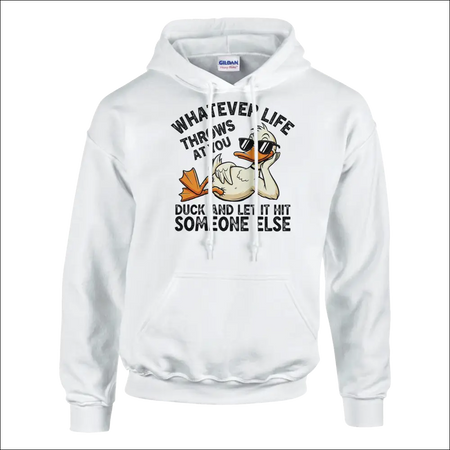 White Gildan hoodie with cartoon duck in sunglasses and punny quote
