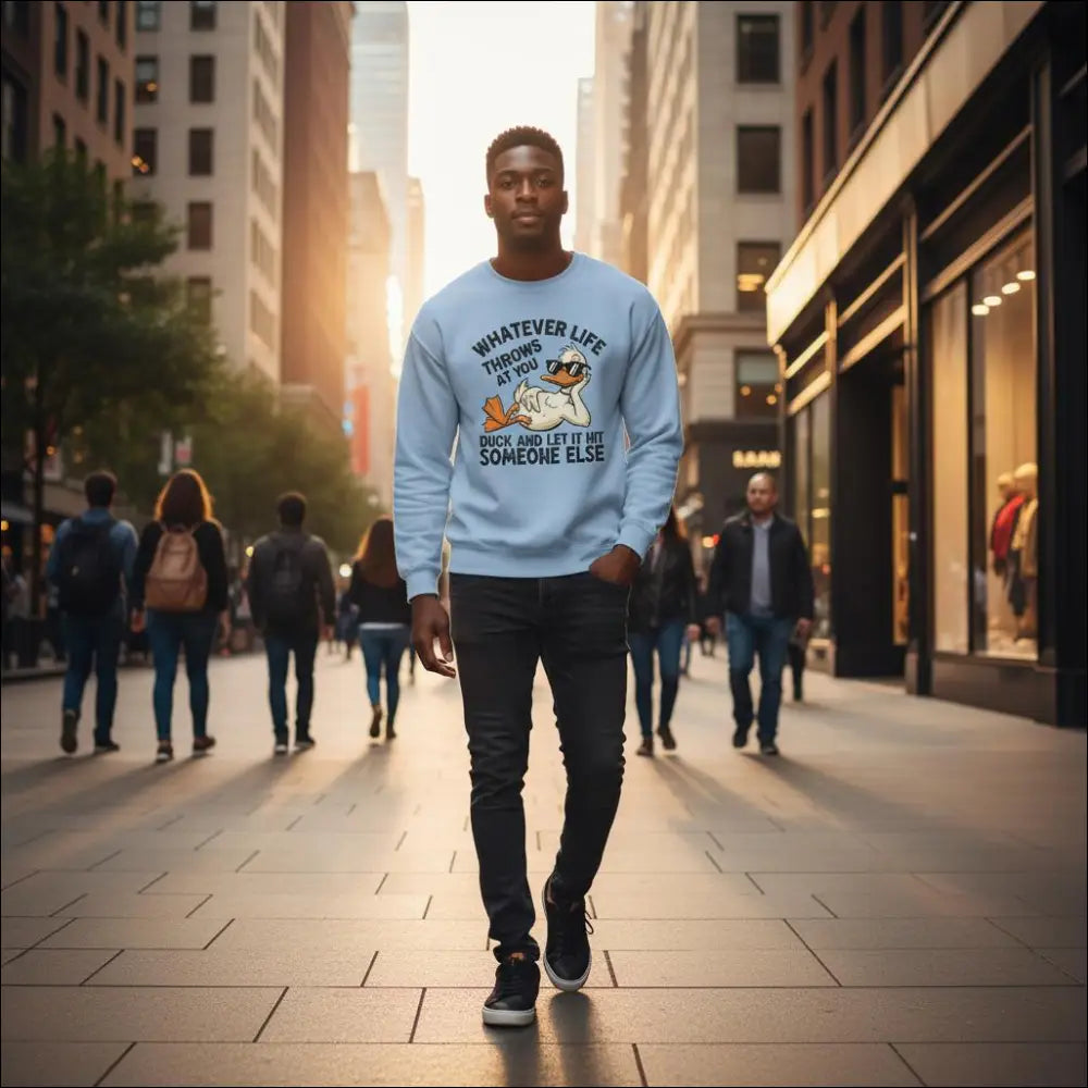 Light blue unisex sweatshirt with duck graphic and witty quote