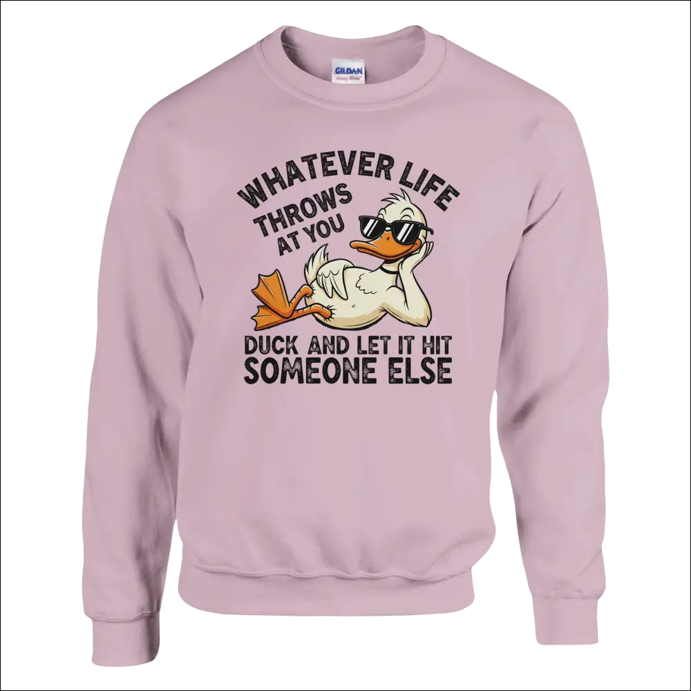 Lavender Gildan sweatshirt with cartoon duck in sunglasses and funny duck phrase