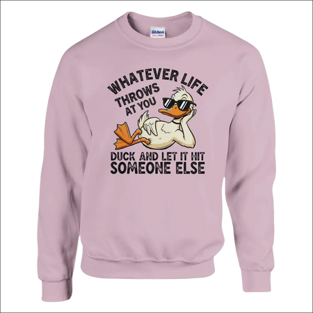 Lavender Gildan sweatshirt with cartoon duck in sunglasses and funny duck phrase