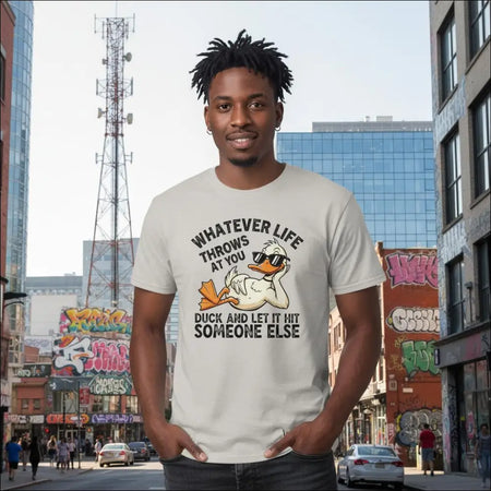 Beige unisex t-shirt with cartoon duck in sunglasses and funny quote