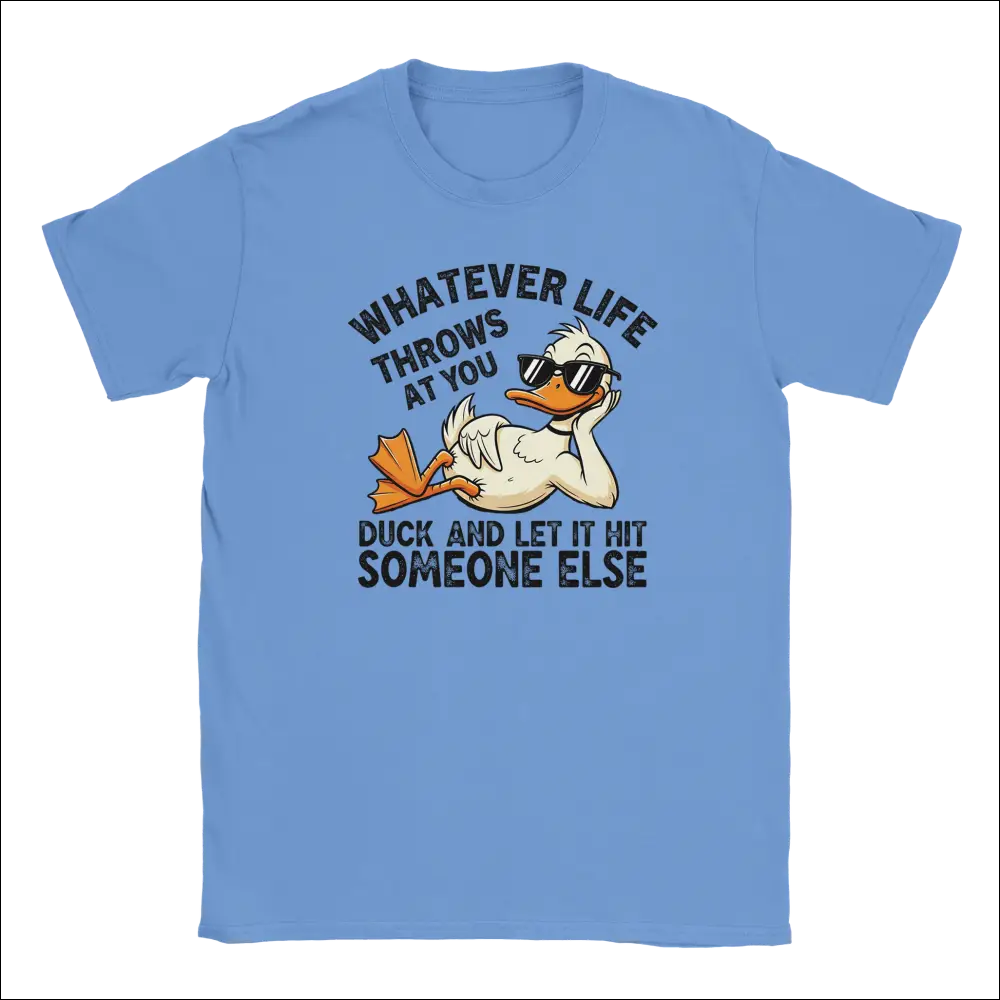 Light blue unisex t-shirt with cartoon duck in sunglasses and funny quote