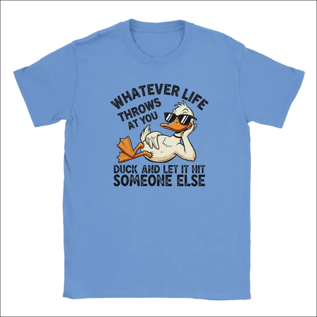 Light blue unisex t-shirt with cartoon duck in sunglasses and funny quote