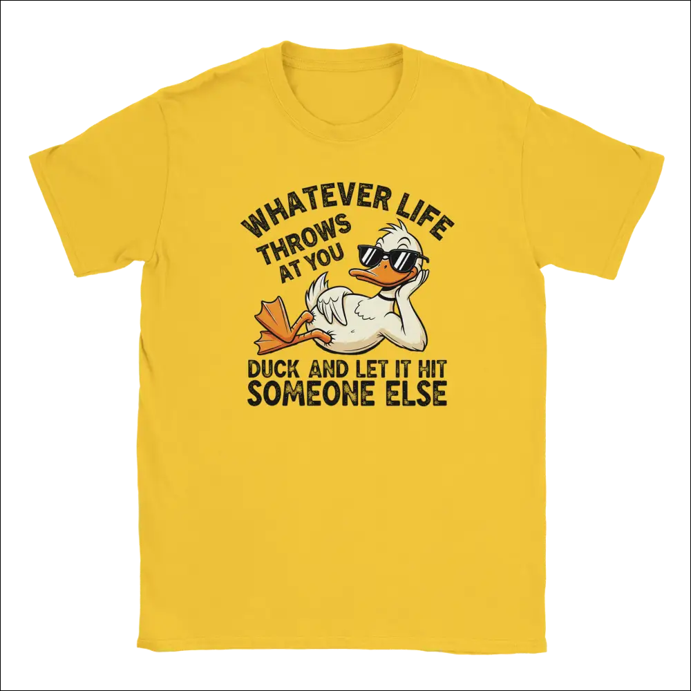 Yellow unisex t-shirt with cartoon duck in sunglasses and punny text
