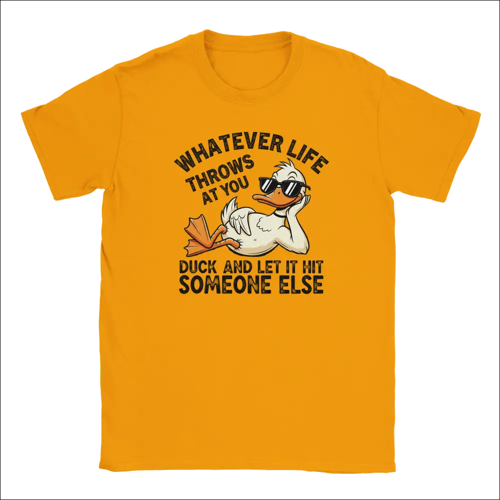 Orange t-shirt with cartoon duck in sunglasses and funny quote