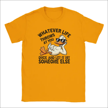 Orange t-shirt with cartoon duck in sunglasses and funny quote