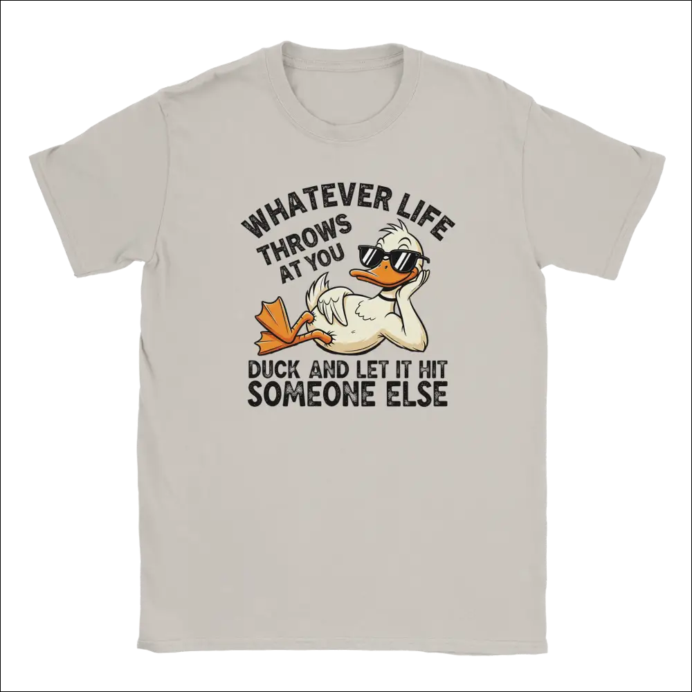 Beige unisex t-shirt with cartoon duck in sunglasses and funny phrase