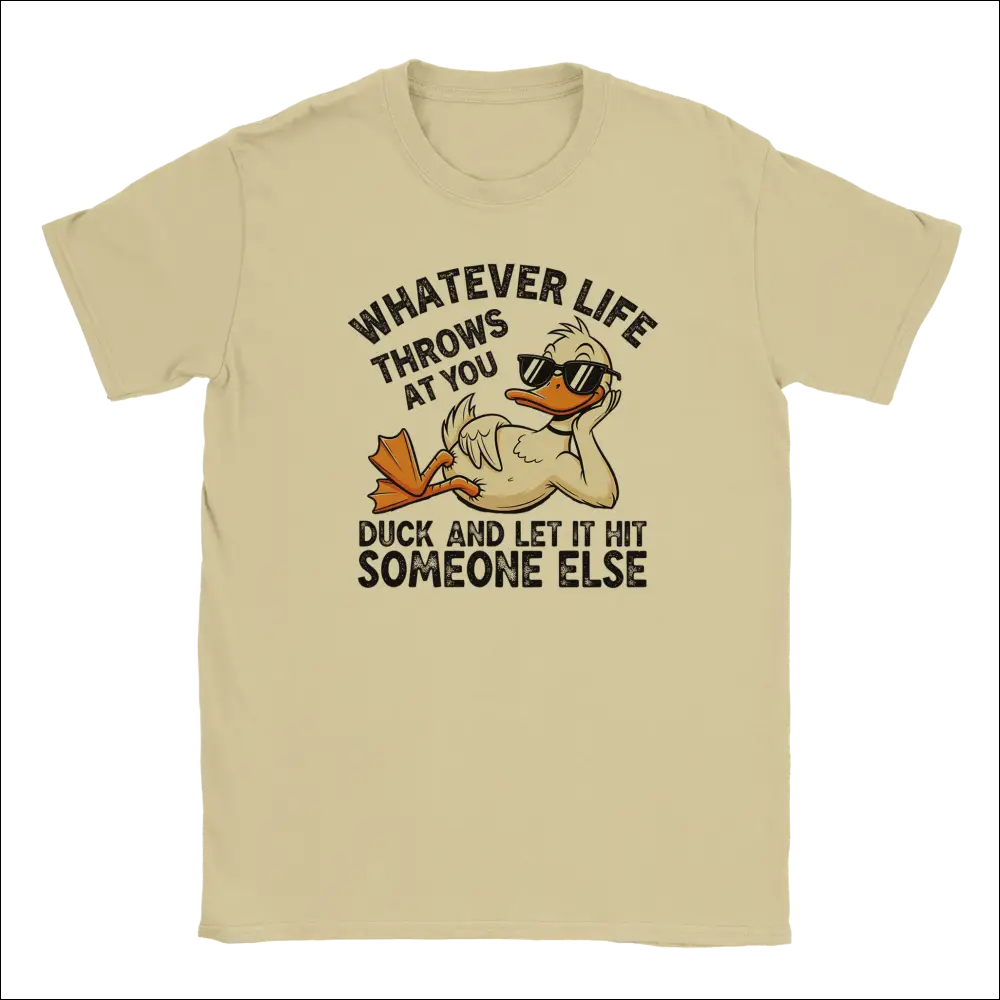 Beige unisex t-shirt with cartoon duck in sunglasses and funny duck phrase