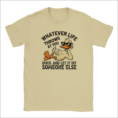 Beige unisex t-shirt with cartoon duck in sunglasses and funny duck phrase