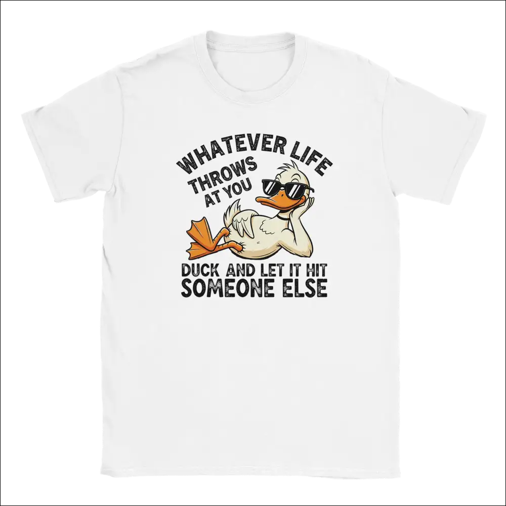 White cotton t-shirt with cartoon duck in sunglasses and funny duck phrase