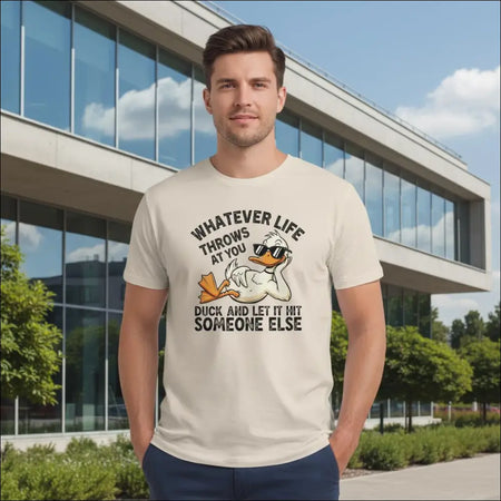 Cream-colored cotton t-shirt with cartoon duck in sunglasses and funny phrase