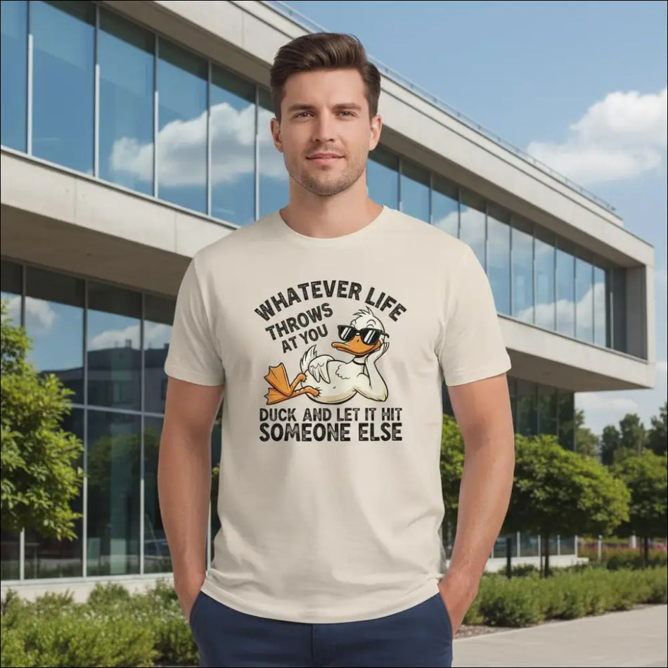 Cream-colored cotton t-shirt with cartoon duck in sunglasses and funny phrase