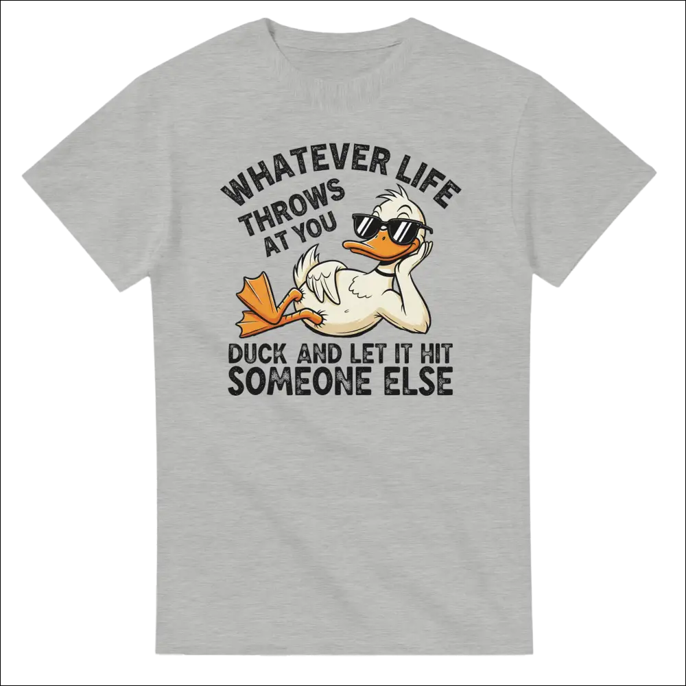 Light gray unisex cotton t-shirt with cartoon duck in sunglasses and quote