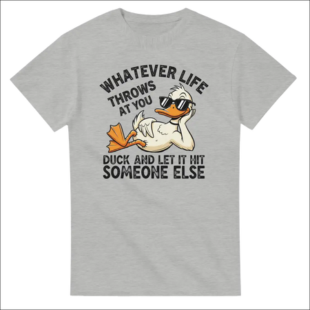 Light gray unisex cotton t-shirt with cartoon duck in sunglasses and quote