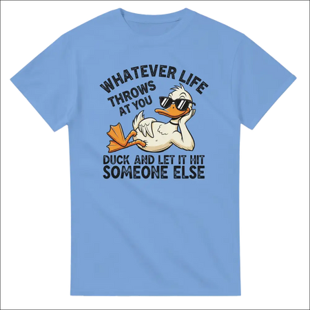 Light blue unisex cotton t-shirt with cartoon duck in sunglasses and funny quote
