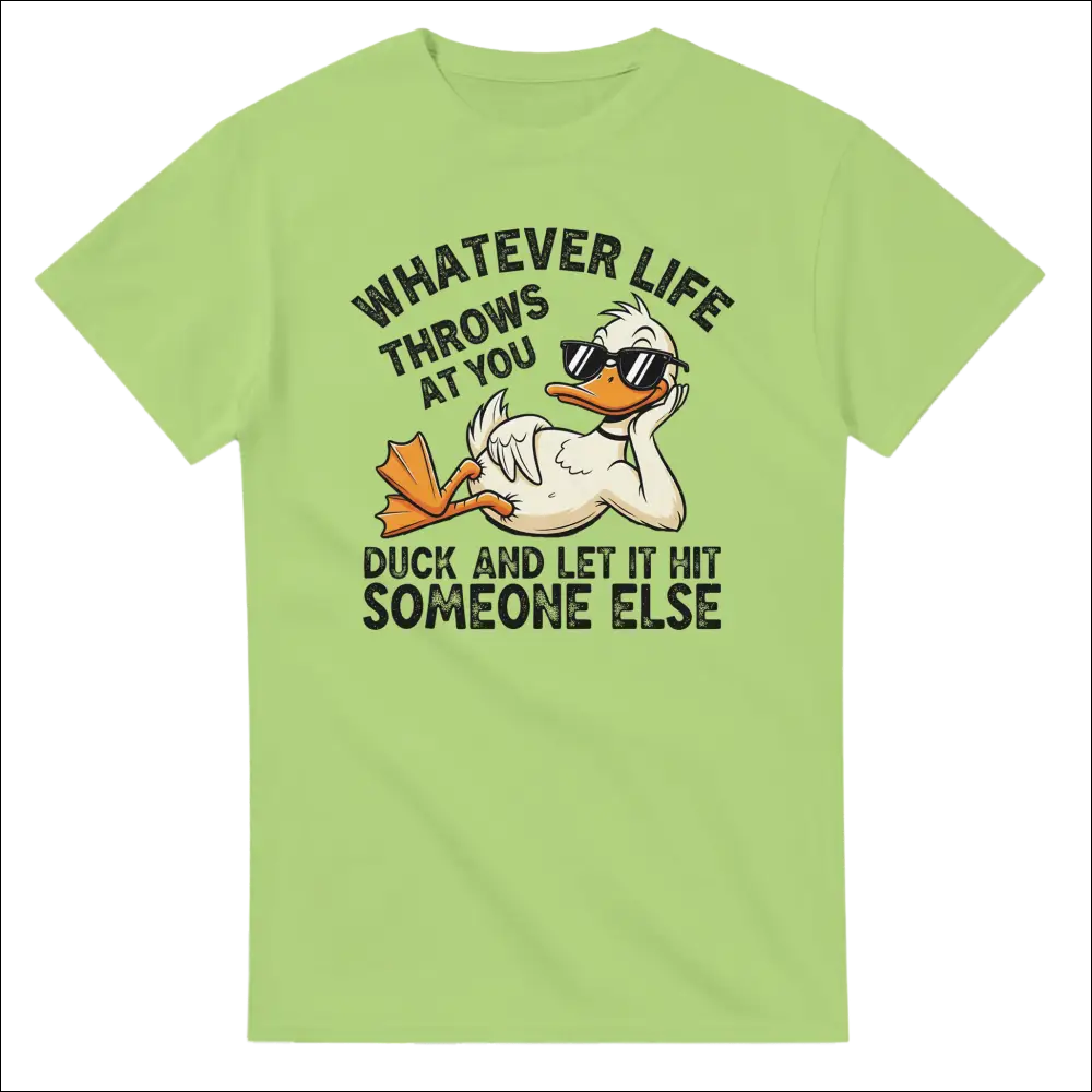 Light green unisex t-shirt with cartoon duck in sunglasses and funny quote