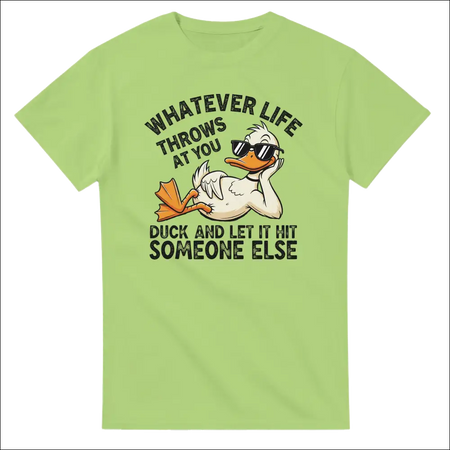 Light green unisex t-shirt with cartoon duck in sunglasses and funny quote
