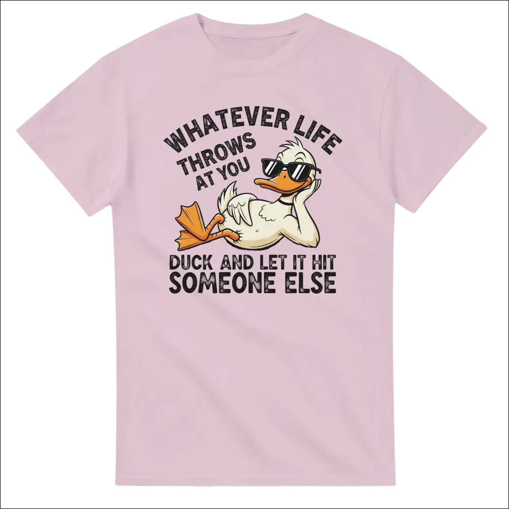Light pink unisex t-shirt with cartoon duck in sunglasses and funny quote